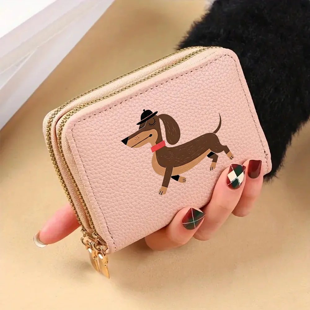 The Lady's Short Zippered Wallet Features a Dog-patterned Zipper Closure with Multiple Card Slots and Card Holders.