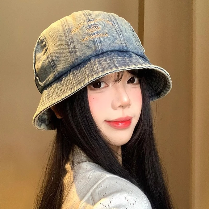 Retro Harajuku Style Washed Denim Bucket Hats for Women Summer Autumn Travel Versatile Show Face Small Literary Men\'s Caps