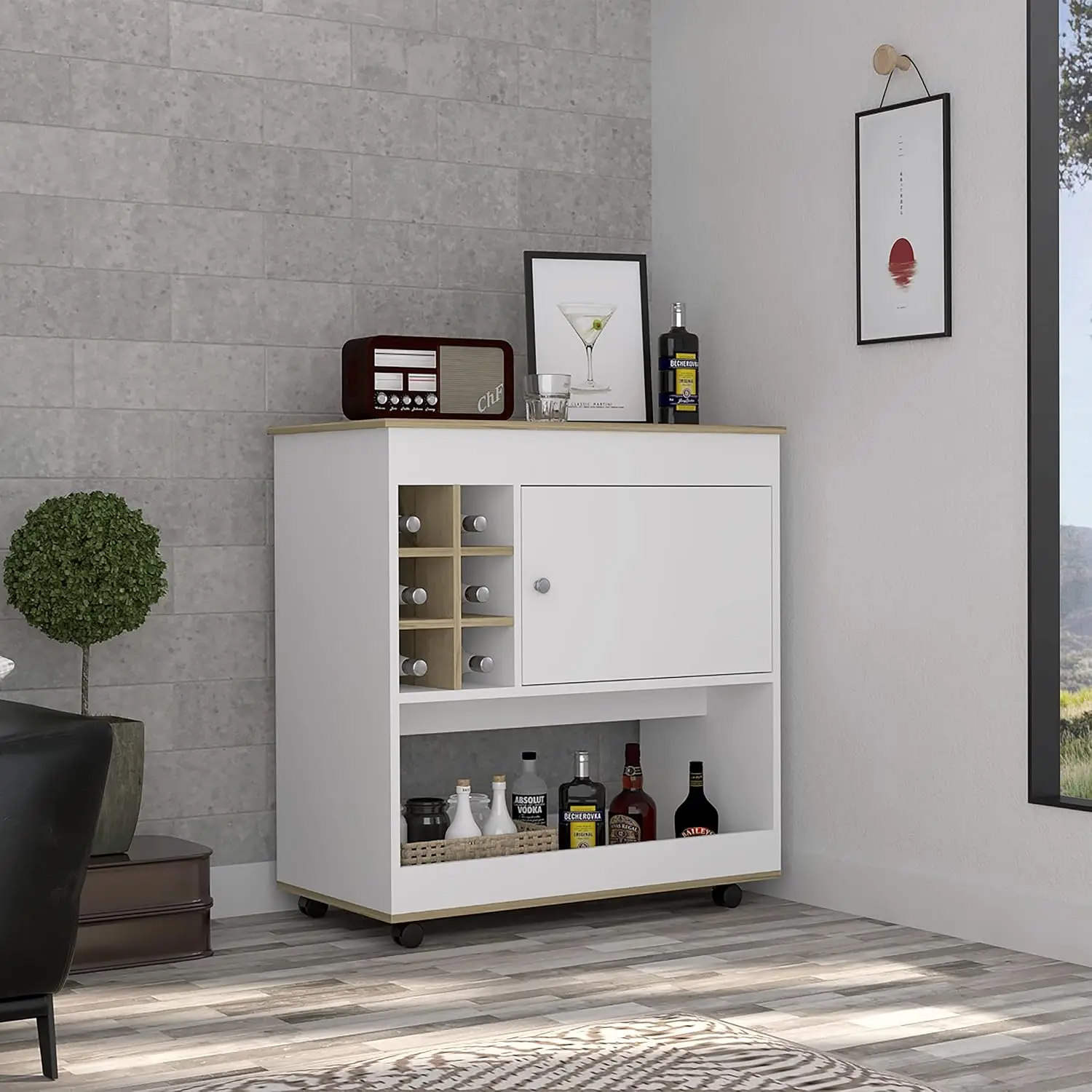 Bar Cart Wine Rack 6 Bottle Cubbies Cabinet Lower Shelf 4 Casters Light Oak White 35.4x18.5x37.4in Particle Board, Customized