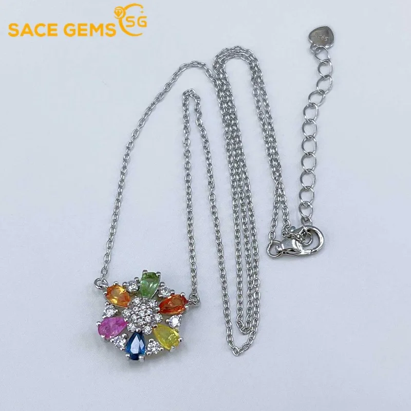 

SACEGEMS 925 Sterling Silver Certified 3*5MM Natual Colourful Sapphire Pendant Necklaces for Womne Engagement Party Fine Jewelry