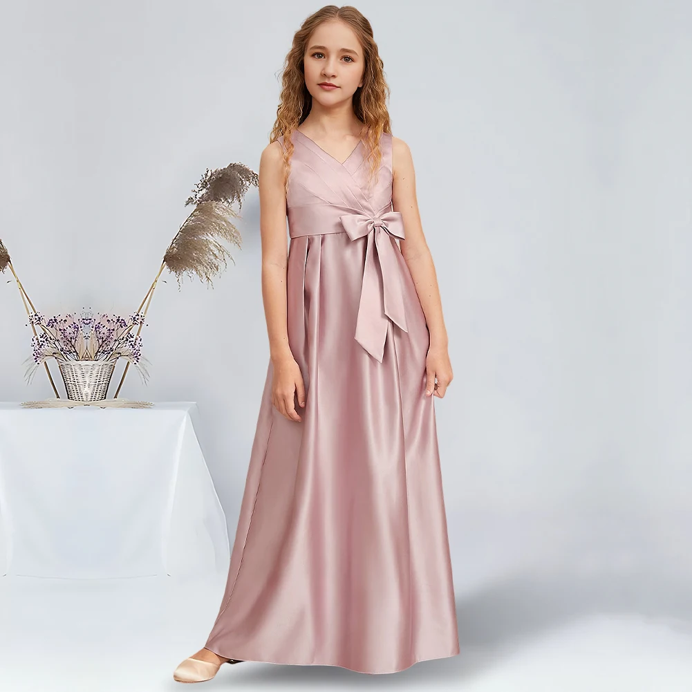 Elegant A-Line V-Neck Floor-Length Satin Junior Bridesmaid Dress with Bow Dusty Rose Charming Flower Girl Dresses Party Wedding