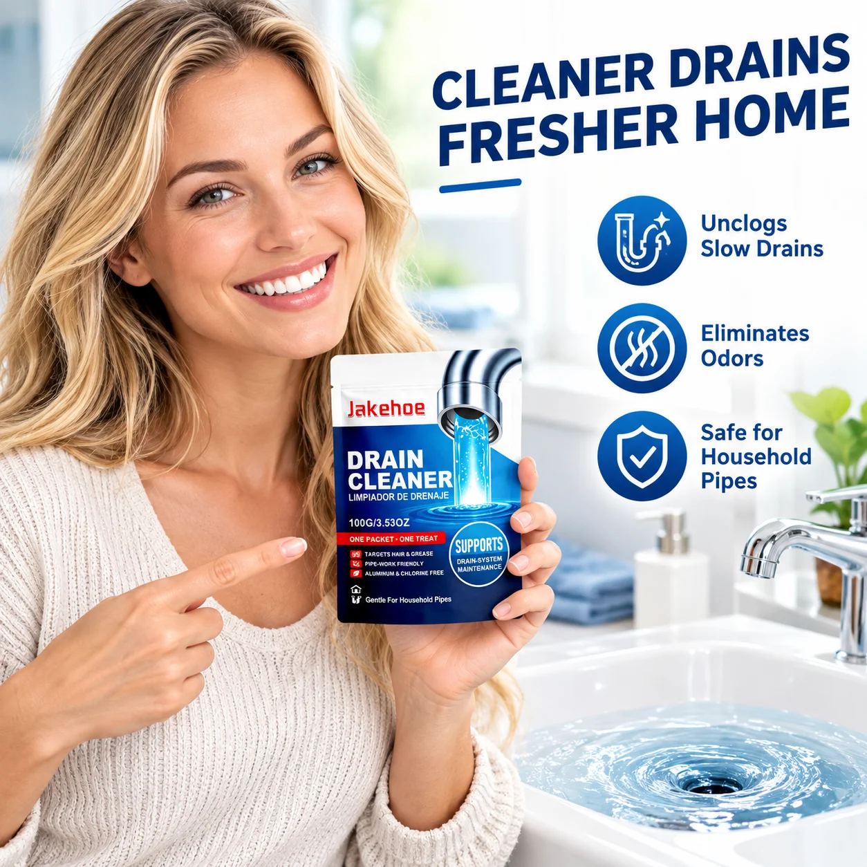 Jakehoe Drain Cleaner Powder for All Household Pipes Dissolves Hair Grease Odor Elimination Suitable Pipe Cleaning Powder 100g