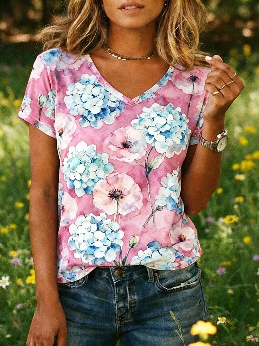 Vintage Watercolor Wash Floral Print T Shirt For Women V Neck Short Sleeve Hydrangea Poppy Holiday Casual Daily Top