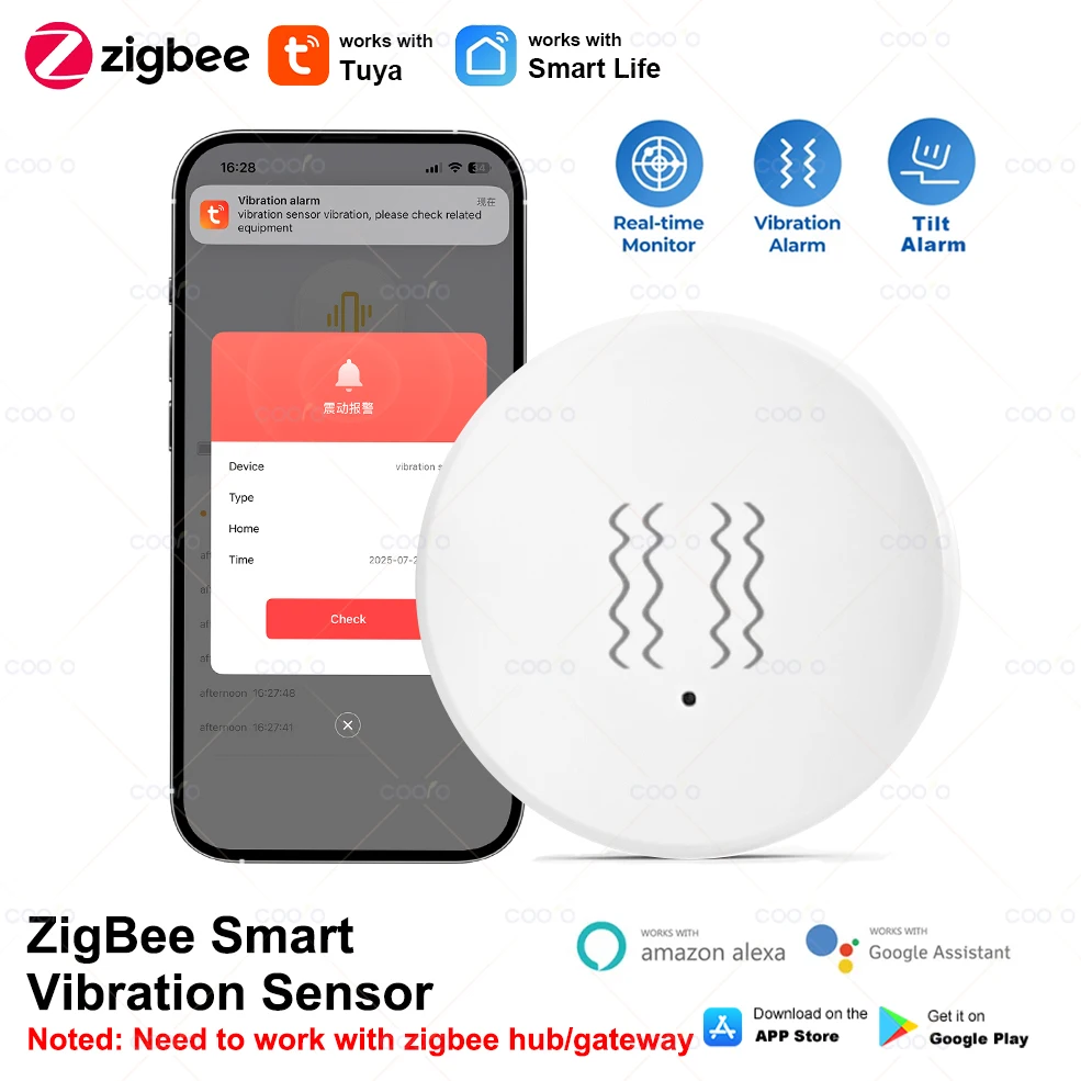 Zigbee Smart Vibration Sensor Detection Smart Life Tuya App Notification Real-Time Motion Shock Alarm Record