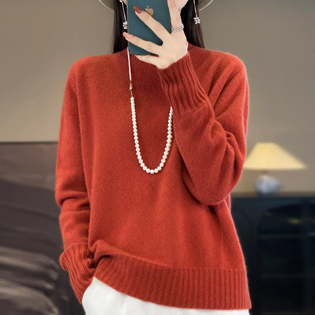 

Women's Thick Half Turtleneck Sweater Autumn Winter Warm Knitted Mid-Neck Loose Bottoming Top Fashionable Casual Wear