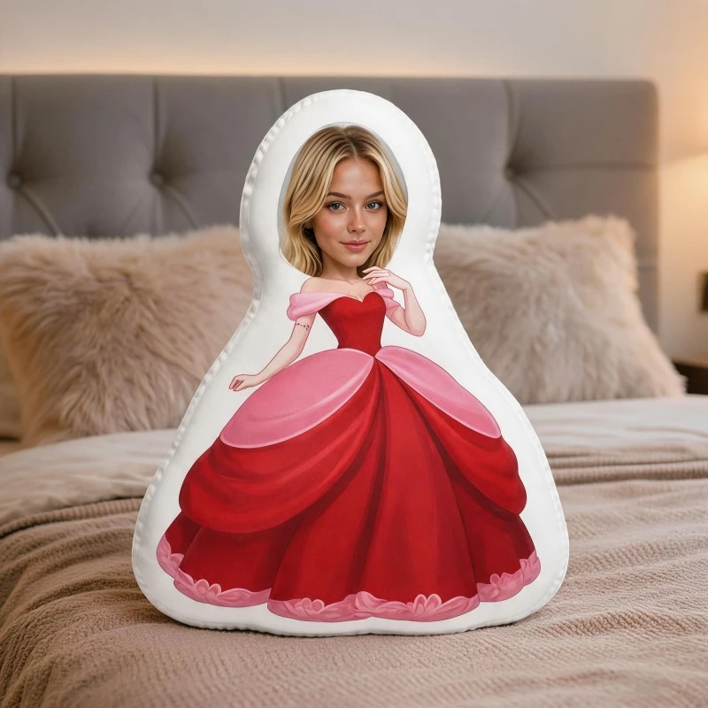 Custom Personalized Photo Face Pillow, Red Ball Gown Princess Style Custom Shaped Decorative Cushion, Unique Home Decor Accent f