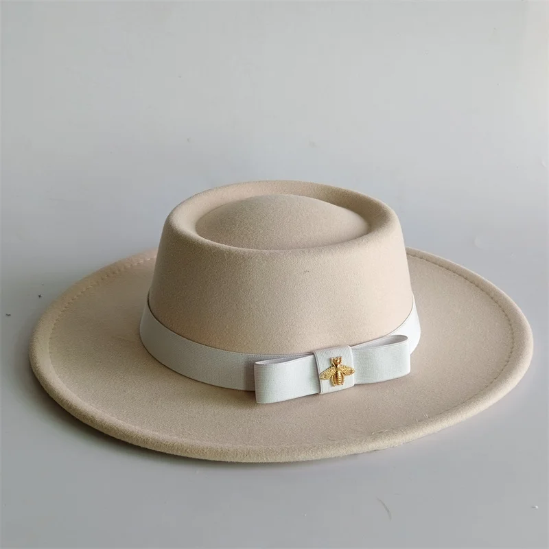 Bow Tie Fedora Fedora Hat Bee Bow Winter Round Concave and Convex Flat Top Bow Elastic Band Men's and Women's Red Jazz Hat