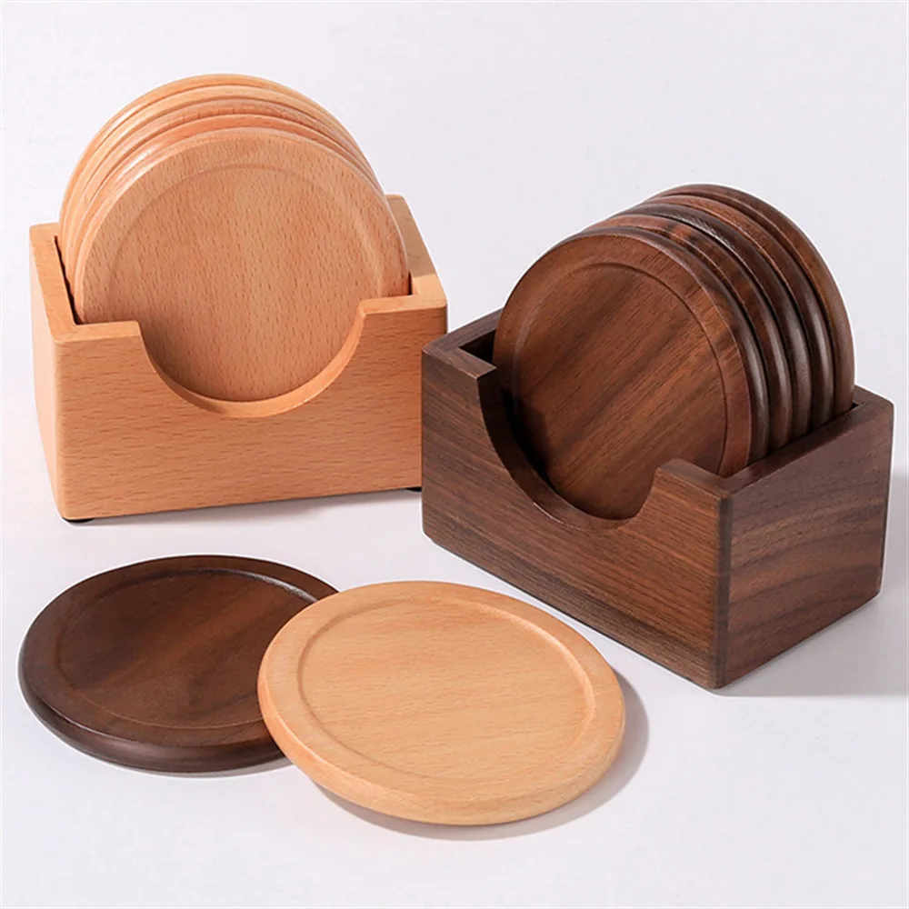 D2 Walnut Dark Coaster Set of 6 Pieces. Including The Holder Pure Natural Wood Texture. Wonderful Decor For Dining Tables Office