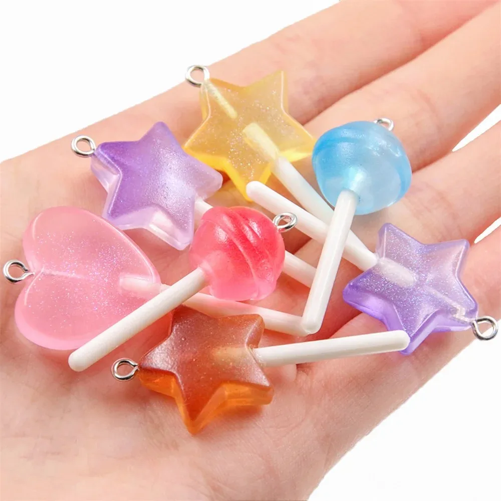 10pcs Resin Pendants Shiny Round Lollipop Star Love Heart Charms Mixed Colors Perfect for DIY Jewelry Making ﻿