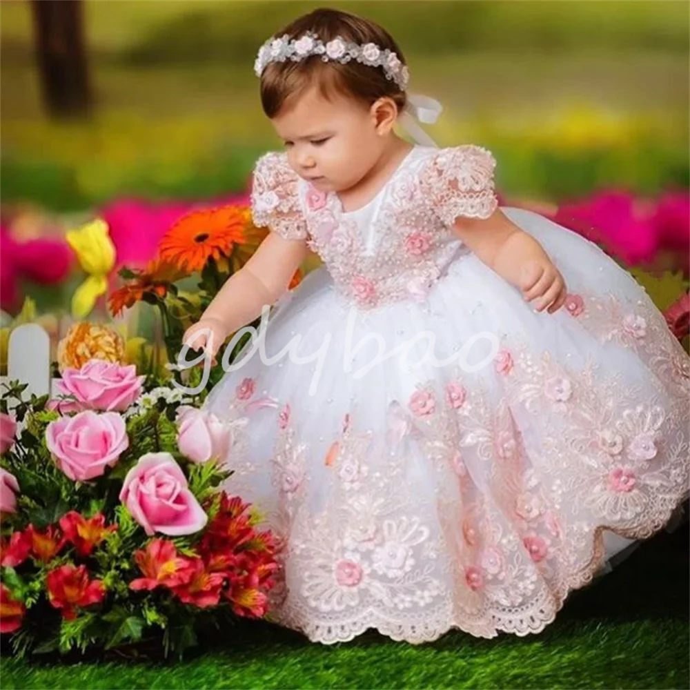 Baby Girl Birthday Dress Lace Pearls Infant Tutu Dress Princess Flower Girl Dress Cap Sleeve Long Christmas Gown