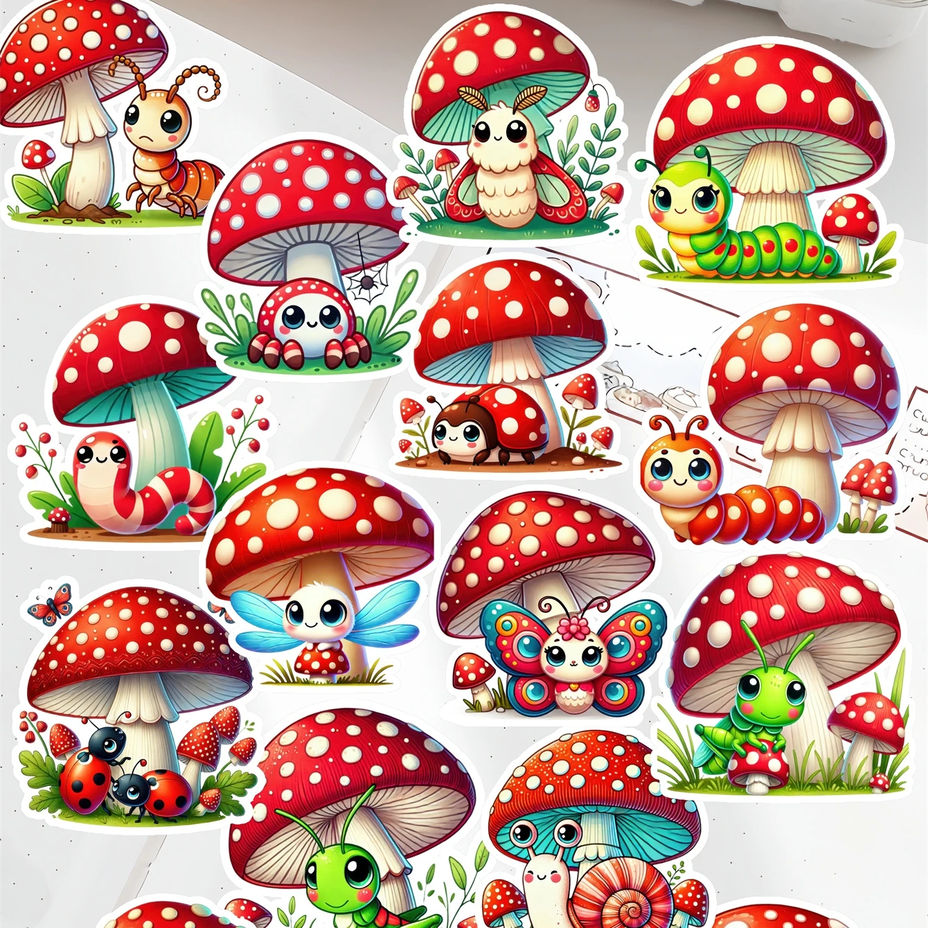 1 Set  Cute Red Mushroom Insect Stickers Scrapbooking  Decorative DIY Stationery Decals Journals Notebooks  art supplies