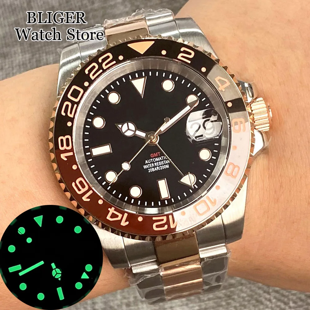 

Dive NH34A 20ATM Waterproof 40mm Rose Gold GMT Function NH34 GMT Automatic Men Watch Polished Bracelet Ceramics Bezel Sapphire