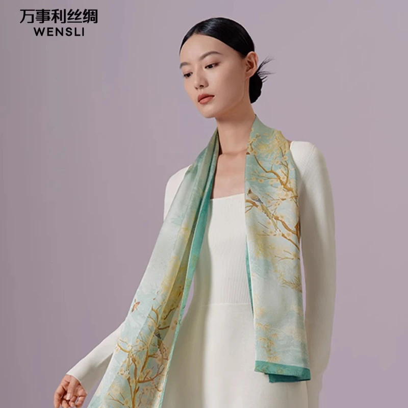 

Wensli New Arrival 100% Mulberry Silk Scarf Shawl for Women Gift Double-Sided Printed Long Scarf
