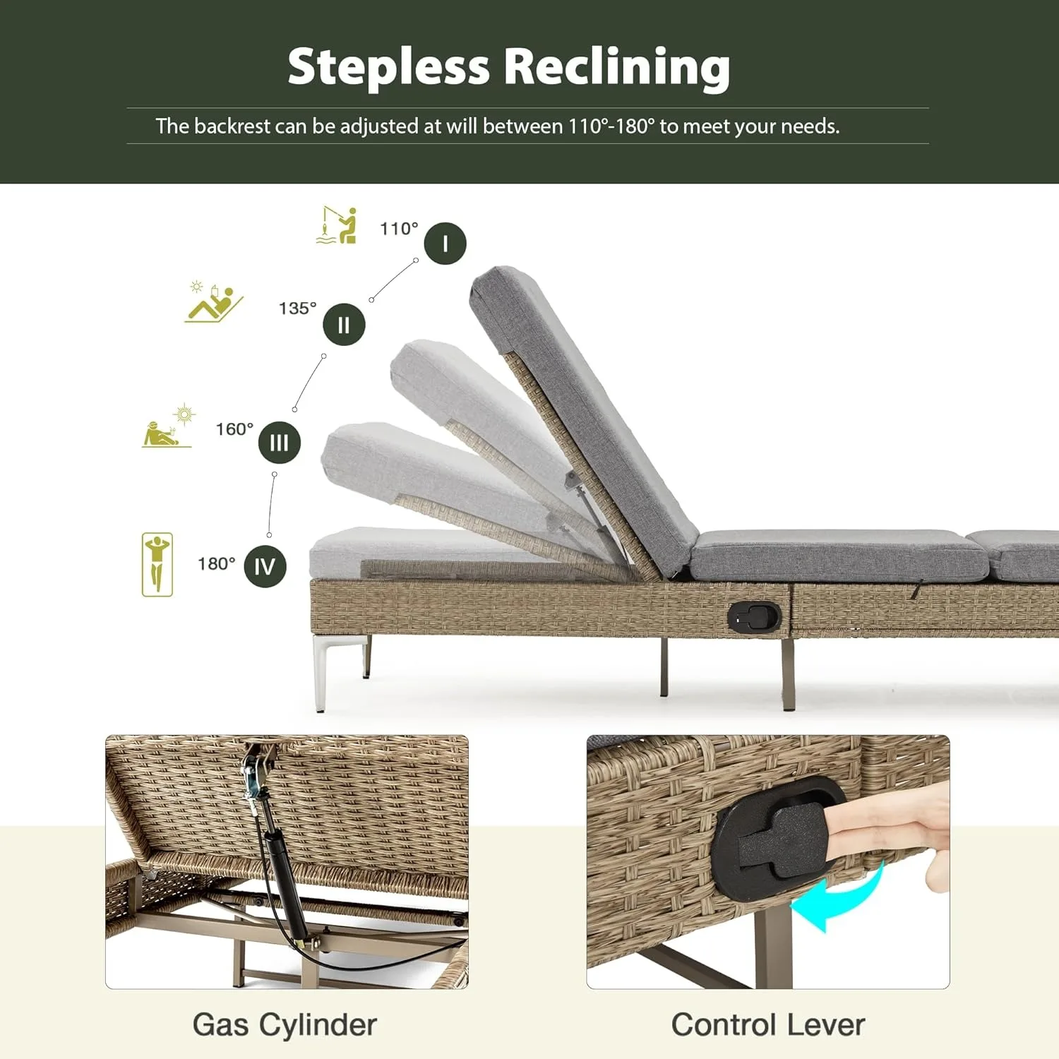 Outdoor Chaise Lounge Set of 2, Patio Wicker Chair with Adjustable Backrest, Rattan Pool Sunbathing Chair Suitable