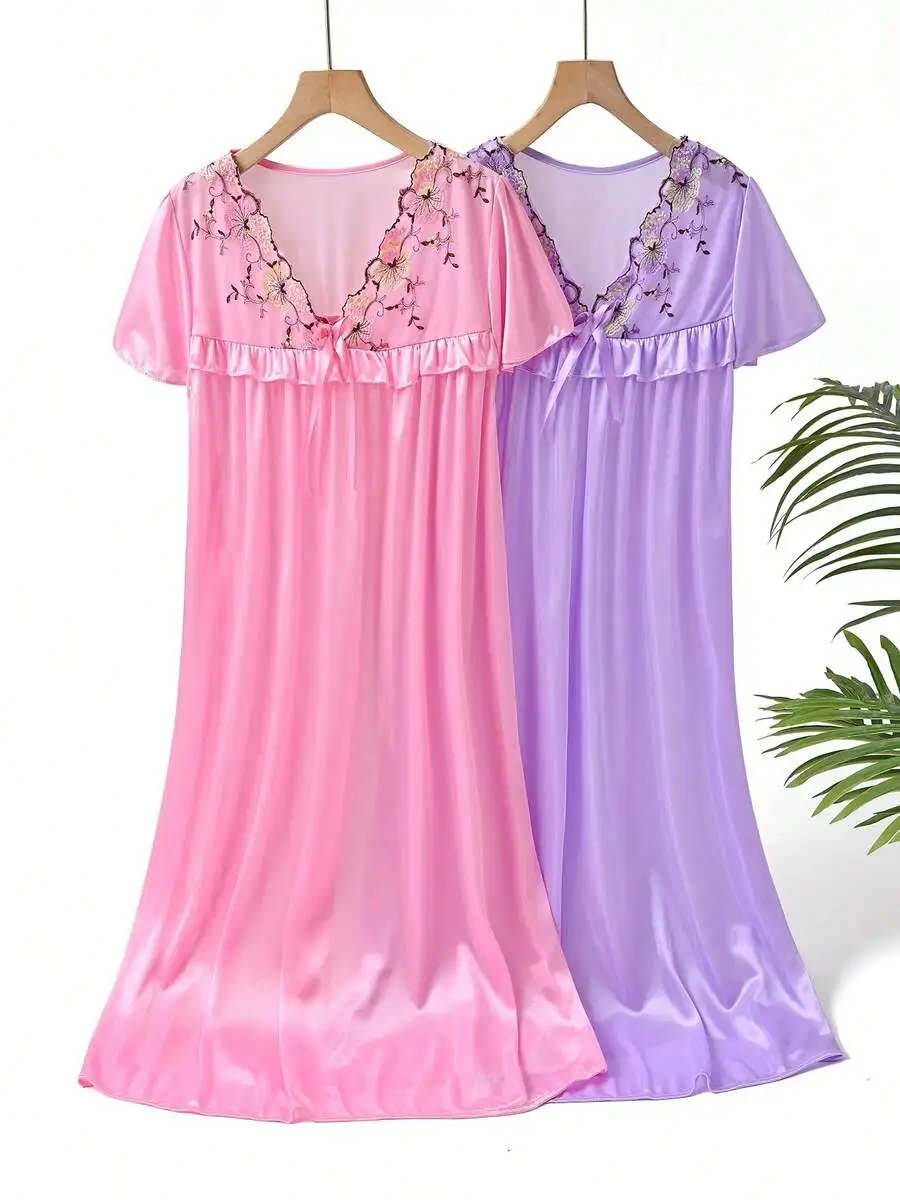 

Womens 2-Pack V-Neck Satin Nightdress With Floral Embroidery And Bow Detail
