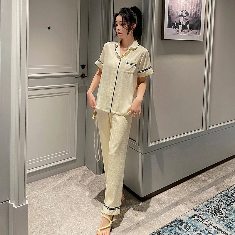 Spring New Ice Silk Screen Flower Pajamas Women Short Sleeve Pants Fashion Atmosphere Loose High-grade Sense Of Pyjamas Sets Pj