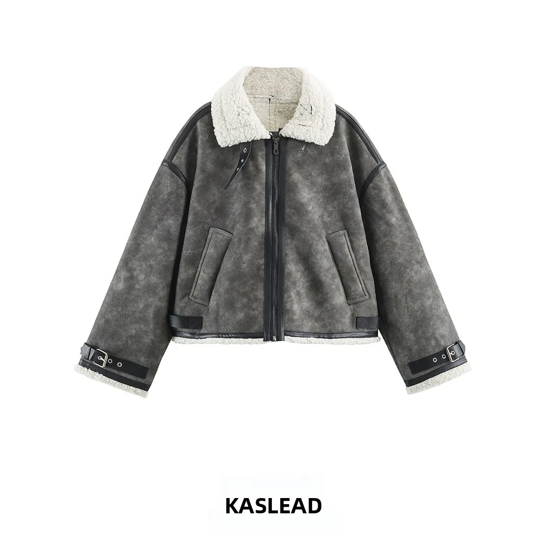 KASLEAD New Women's Long Sleeve Double-Faced Collar Jacket Coat Fashionable European Style Polyester Fiber Zipper Closure