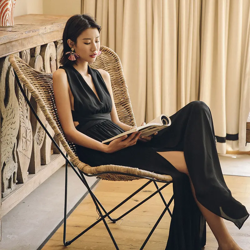 

Sexy Backless Long Beach Dress Women's Sanya Holiday Slimming Black Strapless Gown V-Neck Maxi Skirt for Beach Vacations