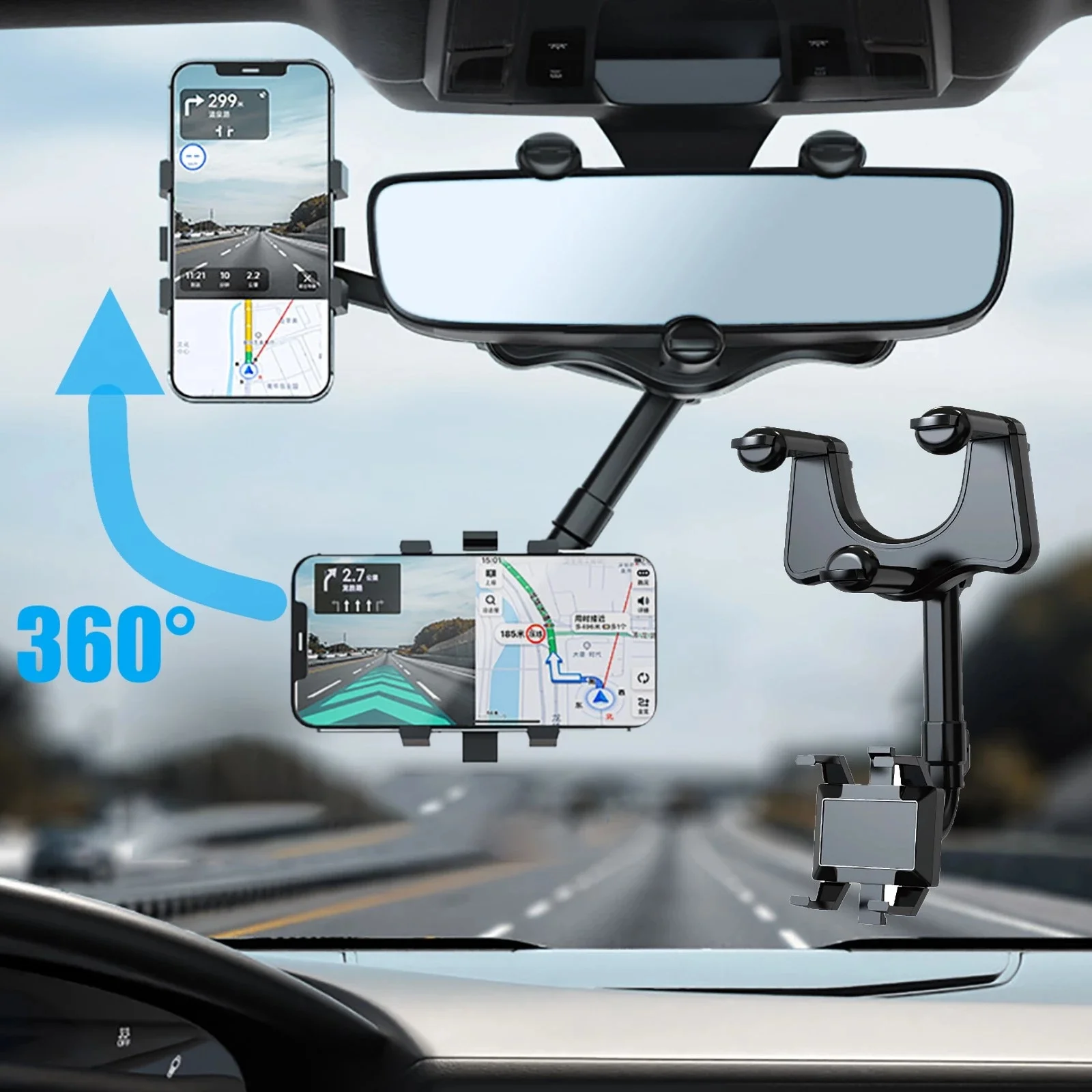

360° Car Rearview Mirror Phone Holder for Car Mount Phone and GPS Holder Support Rotating Adjustable Telescopic Phone Stand