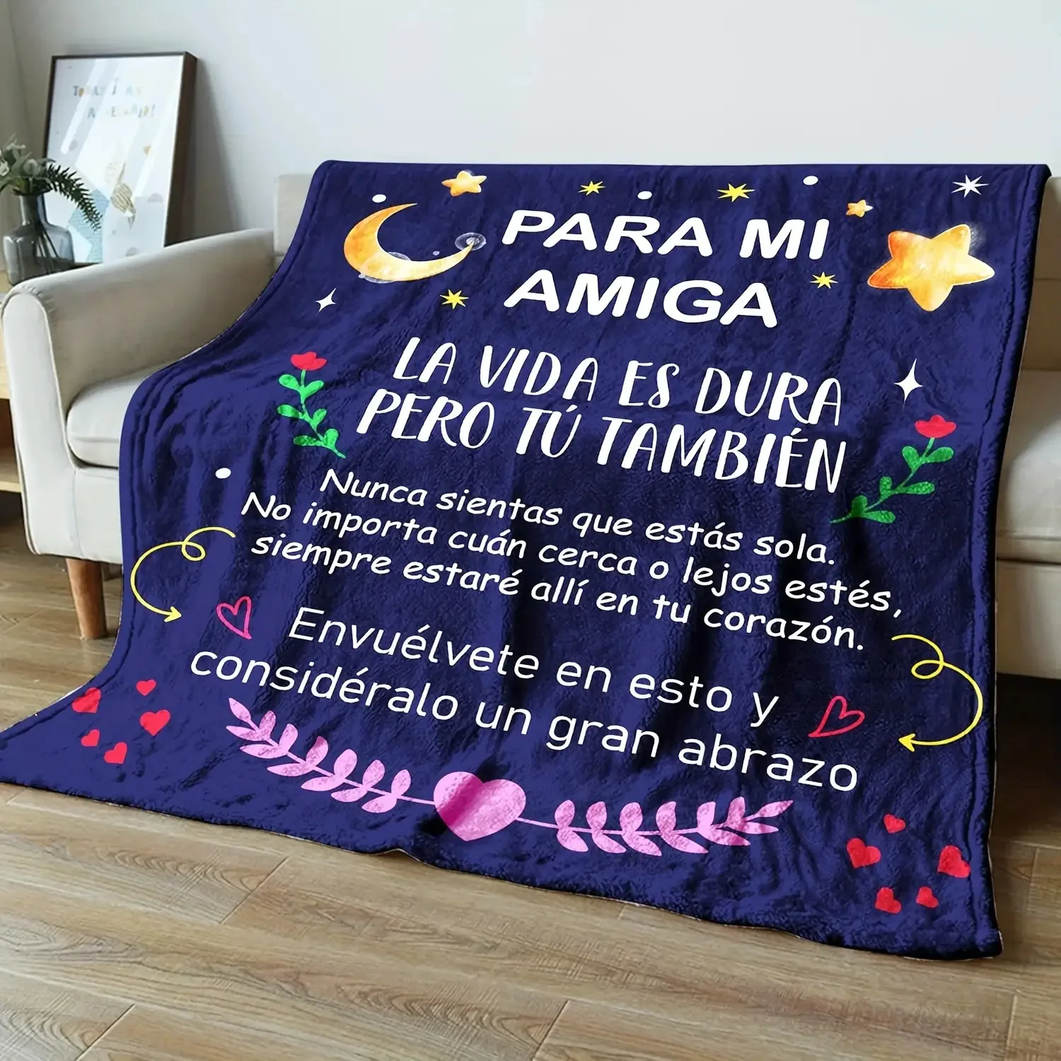 Flannel Blanket for Women Featuring a Starry Night Design with Stars And a Moon, Accompanied by Uplifting Spanish Quotes. This S