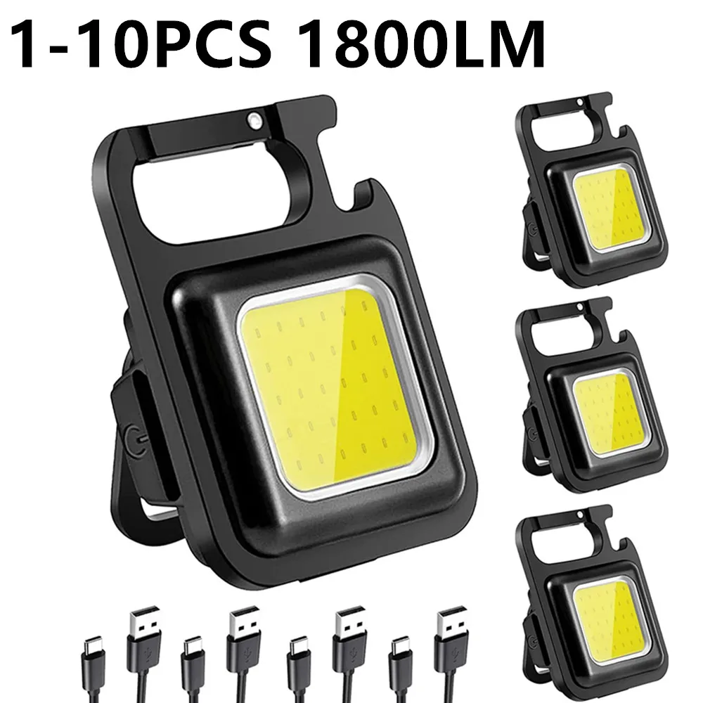 Minilinterna LED COB portátil multifuncional, llavero de 1000LM, 1-10 piezas, lámparas de Camping, carga USB, luces de trabajo, linterna de pesca