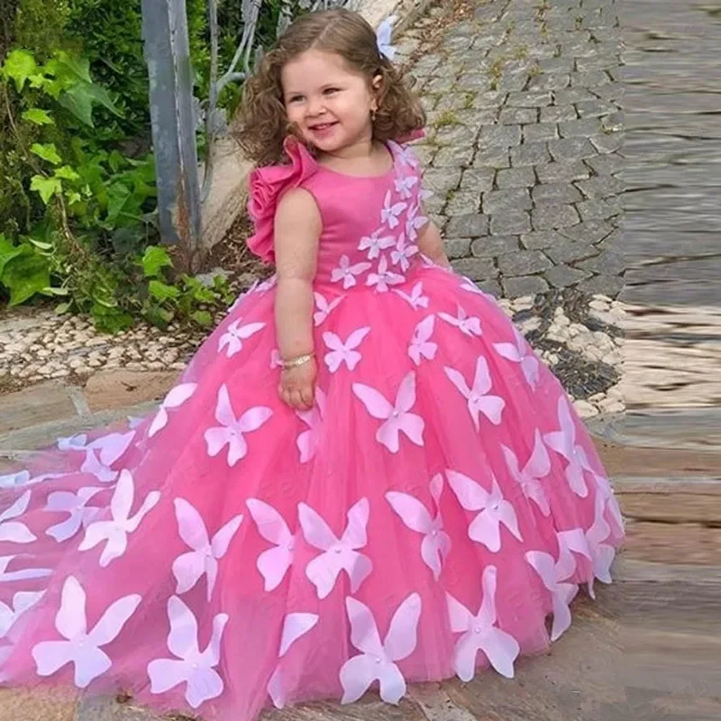 Vestido de fiesta de cumpleaños de alta calidad para niñas, vestido de tul hinchado con perlas, rosa roja, Flores, mariposas 3D, novedad de 2024