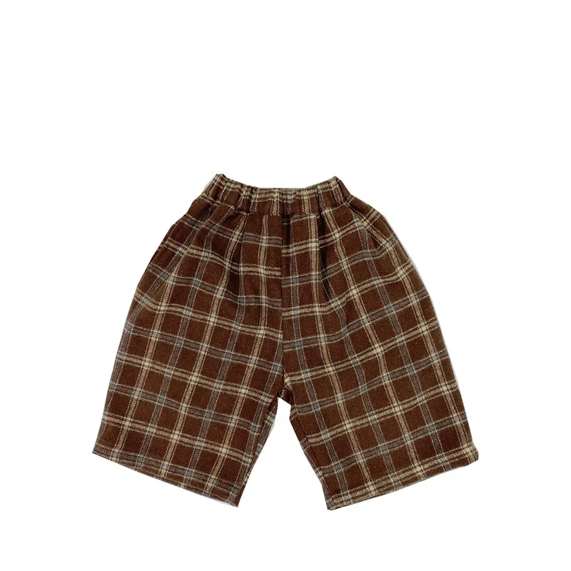 Childrens Boys Checkered Pants Spring Autumn Woven Material Wide Legs Kids Boys Pants Fashionable Baby Boys Cropped Pants