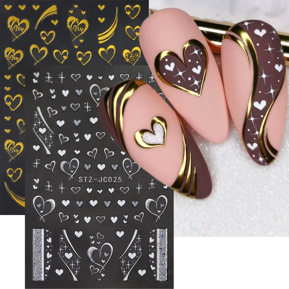 2 Stück Gold Silber Herz Nail Art Aufkleber Aufkleber Chrom Herz Nagelfolien Sliders Valentines Aufkleber Nägel Dekorationen Zubehör