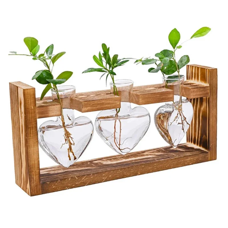 HOT Wooden Frame Glass Vase Hydroponic Plant Vase Vintage Flower Pot Table Desktop Bonsai Heart Shape Home Decor Wedding Vase