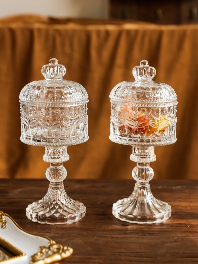 Creative Crown Relief Glass Jar Jewelry Box with Lid High Bowl Exquisite Home Decoration Candy Box Storage Jar Dried Fruit Box