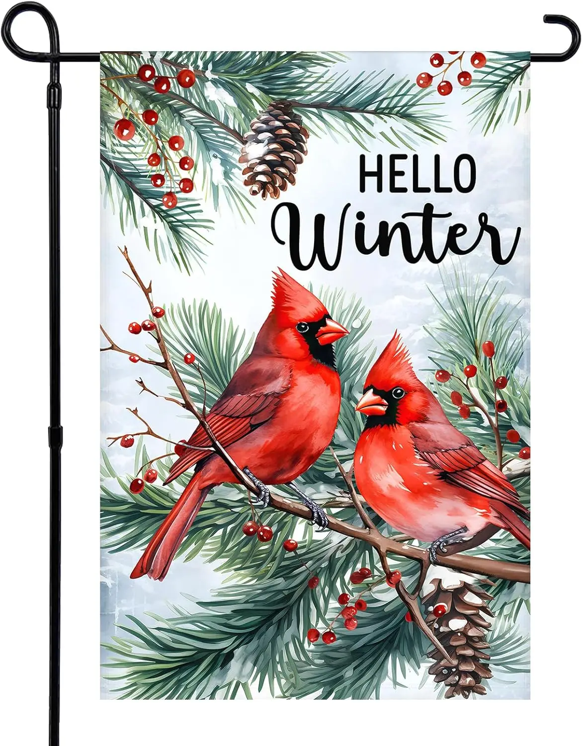 Hello Winter Garden Flag Red Bird Pinecone Tree Branch Seasonal Porch Courtyard Farmhouse Lawn Holiday Winter Flag 12x18 Inc EEZ