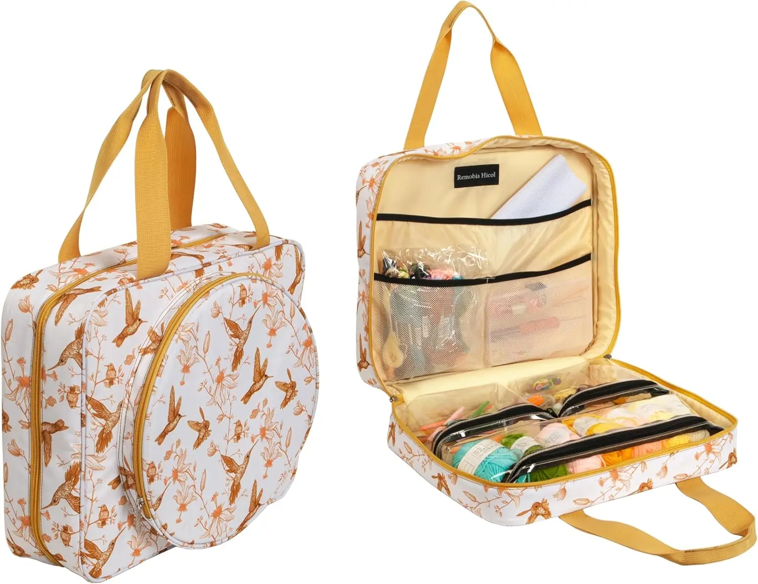 

Portable Square Cross Stitch Starter Kit Bag with Multifunctional Pockets, Bird Pattern Embroidery Tool Storage Tote