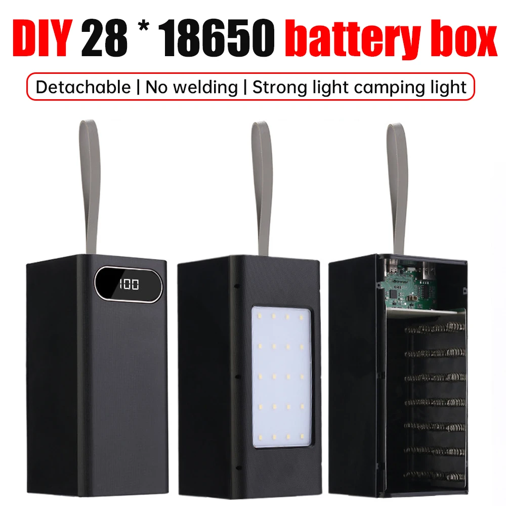 28*18650 Large Capacity Battery Box With Strong Light Welding-free Camping Lamp Mobile Power Bank Kit Diy Battery Box