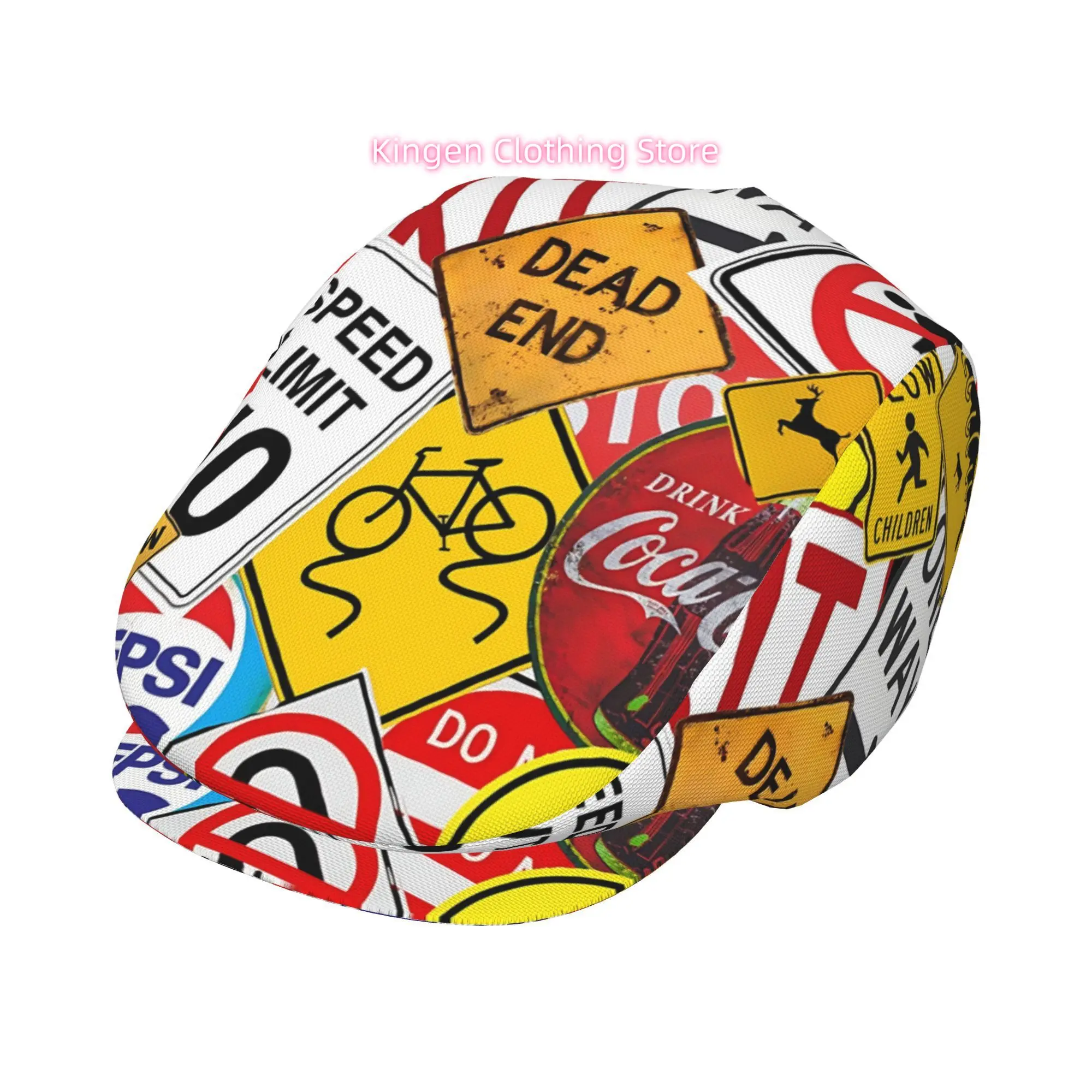 1pc Traffic Sign Collage All-Over Printed Beret, Retro Newsboy Cap, Unisex, Essential Fashion Accessory for Outdoor Leisure And