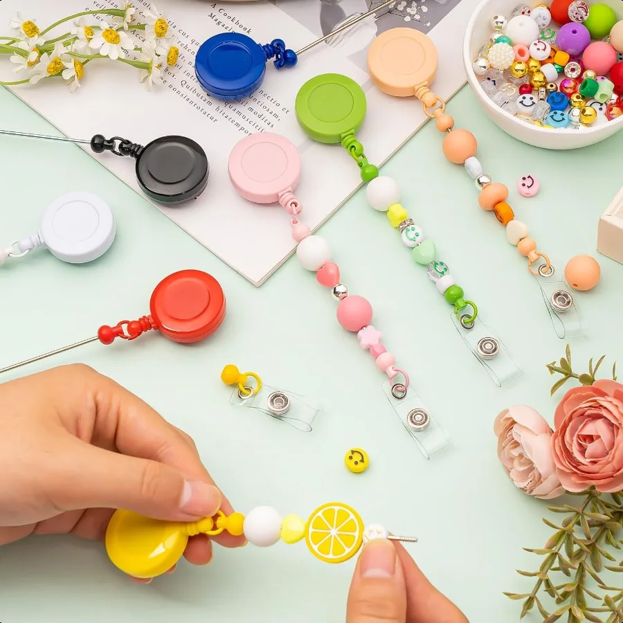 مطرز لتقوم بها بنفسك شارة بكرة عدة 9 قطعة بكرات شارة قابلة للسحب مقاطع للخرز شريط فارغ معرف اسم شارة حامل مع حزام لتقوم بها بنفسك Pr #2