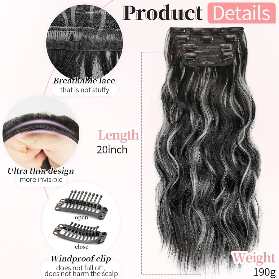 وصلات شعر صناعية طويلة مموجة مع لحمة مزدوجة للنساء 4 قطع شعر سميكة بمظهر طبيعي من الألياف باللونين الأبيض والأسود