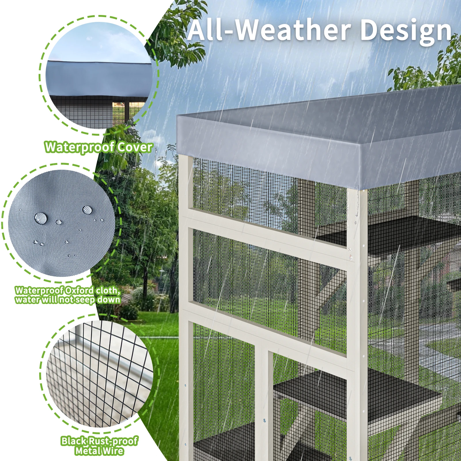 Gray Wooden Catio Pet Enclosure with Waterproof Top, Spacious and Secure Cat House & Small Animal Cage,2 Napping Boxes view 5