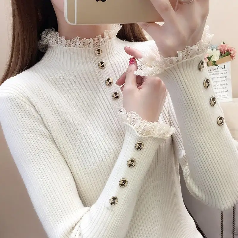 Lace Half High Neck Sweater Bottom Women's Autumn Winter Slim New Solid Color Long Sleeve Patchwork Button Pullover Sweater Tops