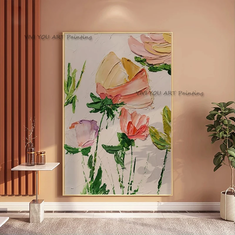 Hand Painted Thick Texture Rose Oil Painting | Vertical Floral Canvas Wall Art | Vibrant Modern Decor for Living Room Bedroom