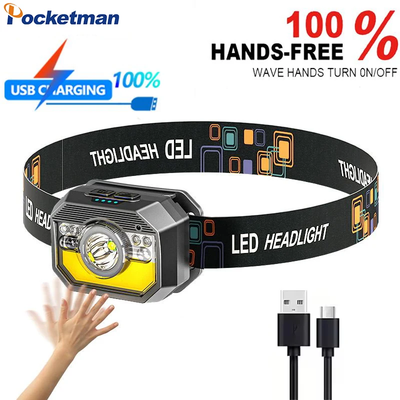 

Motion Sensor LED Headlamp USB Rechargeable 9 Light Modes Headlight with Red Light for Camping Hiking Running Fishing