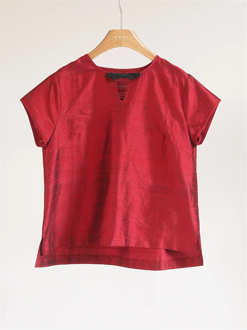 

New Chinese Sle Silk irts Women's ort Sve V-Ne Knot Split Slimming Top Double Silk Fanyoo