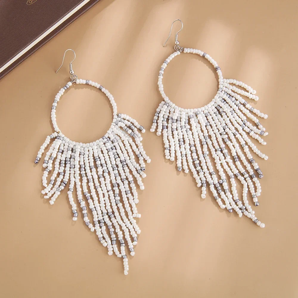 2025 Handmade Bead Earring Tassel Retro Tide Hand Knitting Random String Intersperse Bohemia Circle Beaded Earrings for Women