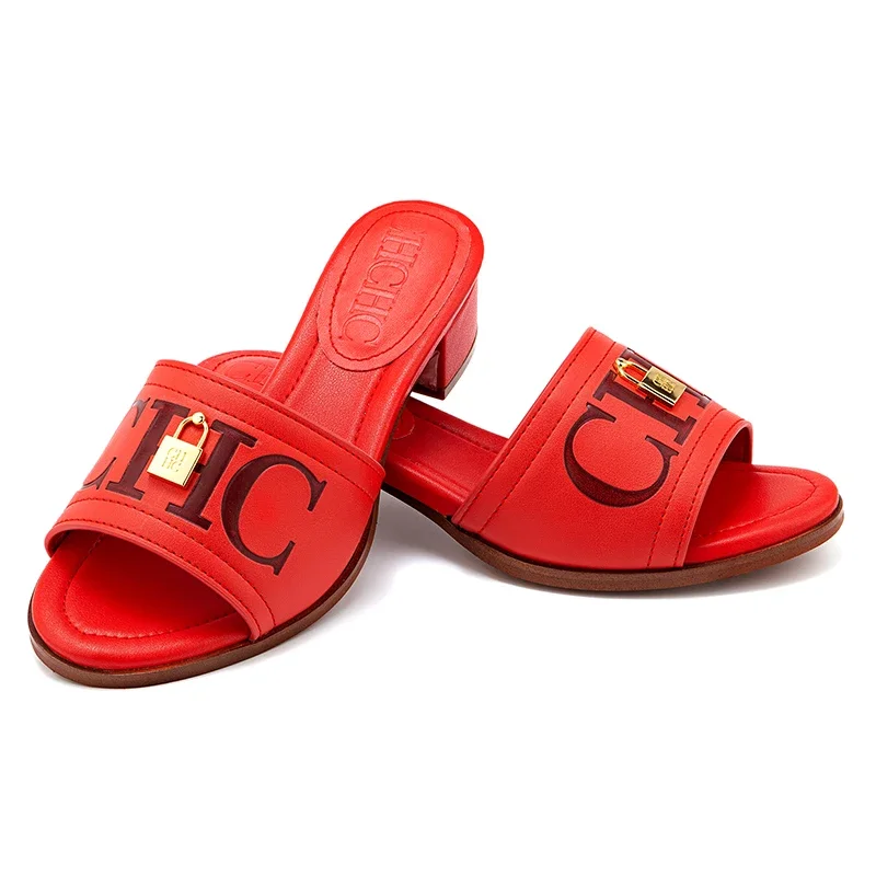 CH Fashion Monogram Print Elegant Design Women's Low Heeled Slippers Solid Color High Quality Metal Lock Simple Single Shoes