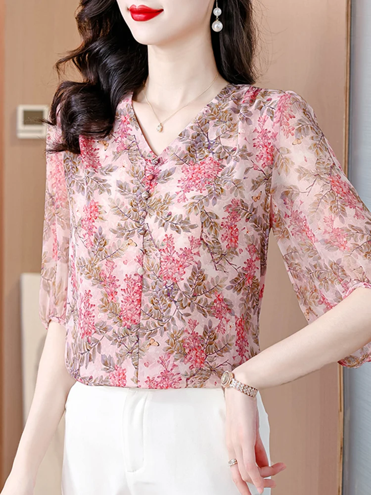 قميص شيفون مطبوع عليه زهور موضة نسائية صيفية جديدة برقبة على شكل حرف v وأكمام قصيرة بلوزة جميلة على الطراز الكوري فضفاضة ومطبوعة #4
