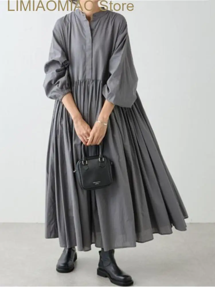 

New Spring Summer Dresses for Women Solid O-neck Loose Pleated Big Hem Long Dress Women Clothing Streetwear Robe Women Dress