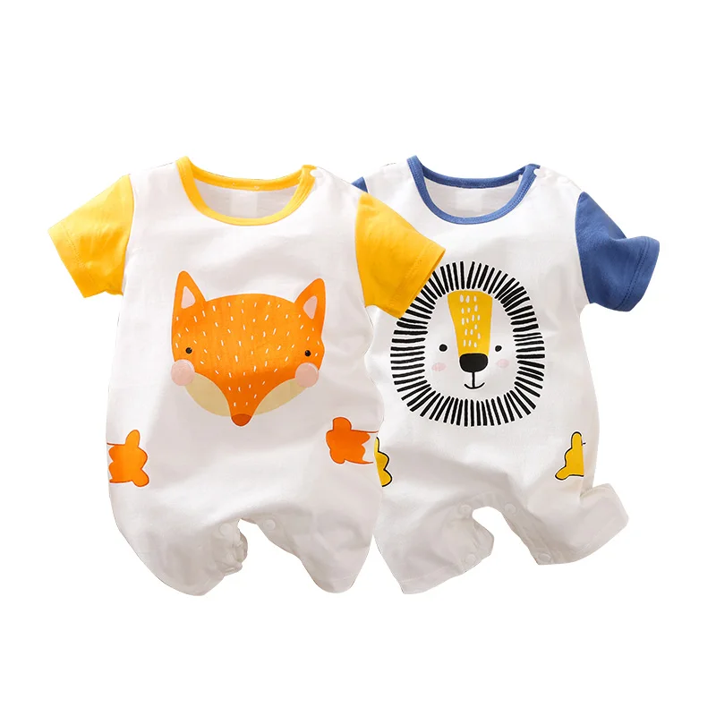 Summer baby jumpsuit cute animal lion fox print short sleeved jumpsuit comfortable and breathable