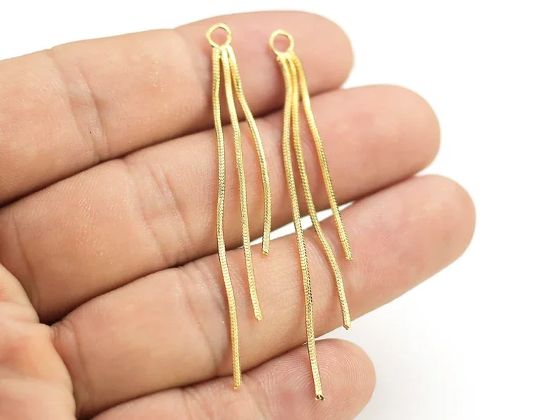 10pcs Gold Chain Tassel, Triple Fringe Pendant, Earring Charms for Hoops, Earring Findings, Real Gold Plated, Jewelry Making