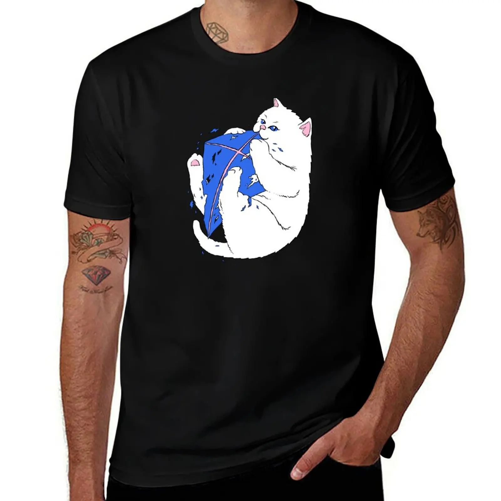 Cat & Kite (White Cat & Blue Kite) T-Shirt Worker Basic Short Sleeve Tee T-Shirt