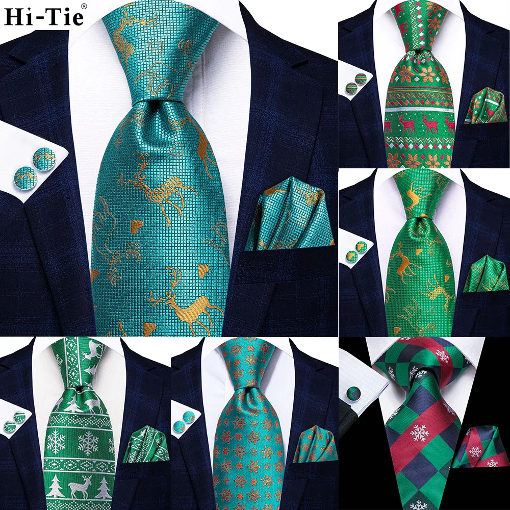 

New Silk Christmas Tie For Men Green Gold Animal Gift Mens Necktie Handky Cufflink Set Fashion Party Dropshiping Hi-Tie Designer