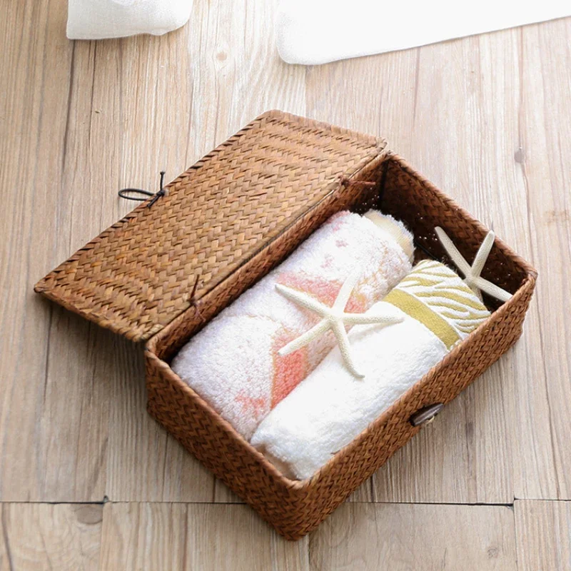 Seaweed Hand-Woven Storage Basket Sundries Organizer with Lid Cosmetic and Toy Basket Clothes Container for Home Storage